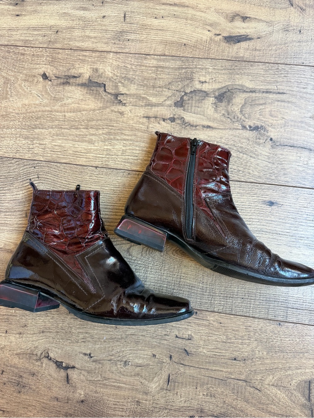 Vintage 90s Italian Patent Leather Shearling Boots Geometric Heel Vibram fits 7